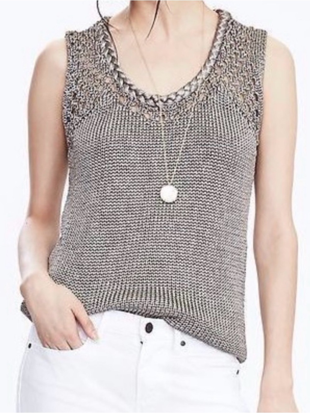Banana Republic Braided Trim Knit Tank Top - Metallic Gray